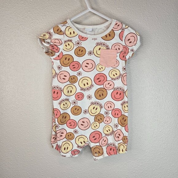 Smile Face Romper Hippie Baby Bodysuit 6 Months Pink White and Brown - Picture 1 of 8